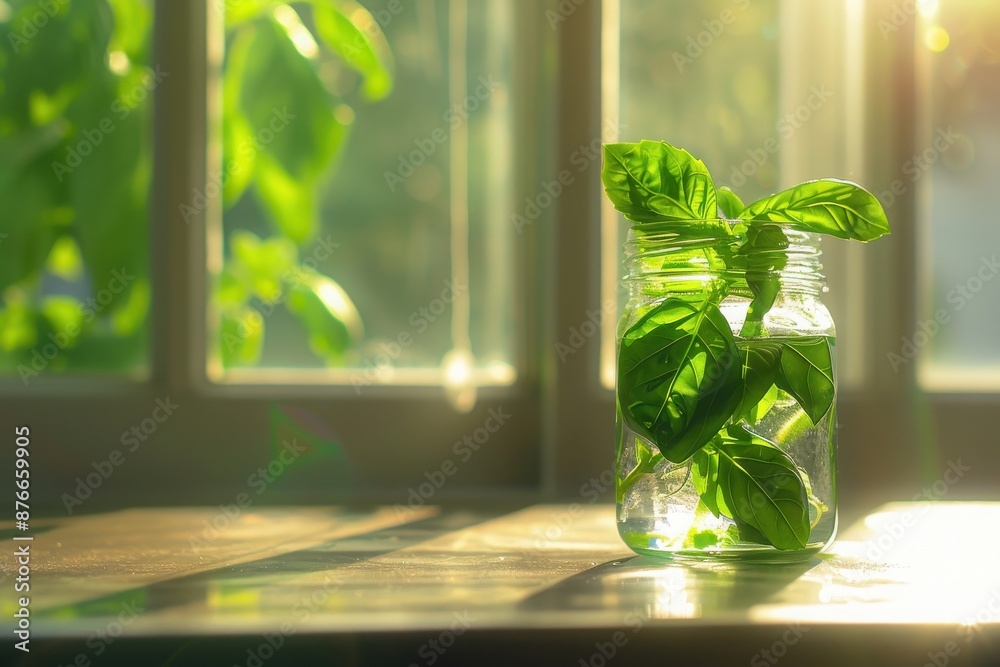 Wall mural a sunlit basil plant in a glass jar on a wooden table by the window, showcasing natural light and gr