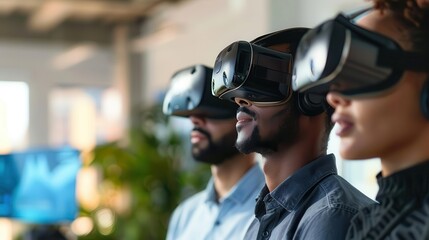 Group of business professionals exploring virtual reality experience with VR headsets in modern office environment.