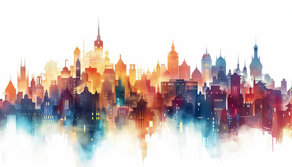Fototapeta premium A beautiful watercolor illustration of a city skyline with vibrant colors, symbolizing urban life