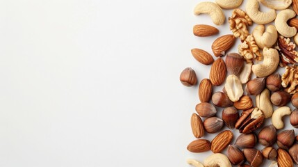 Assorted mixed nuts including almonds, cashews, hazelnuts, and walnuts on a white background. Healthy eating and snack concept.
