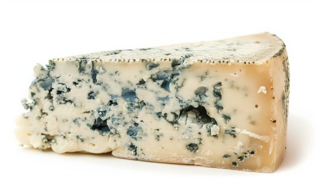 Close-up of a wedge of blue cheese with moldy veins, isolated on a white background, showcasing its texture and richness.