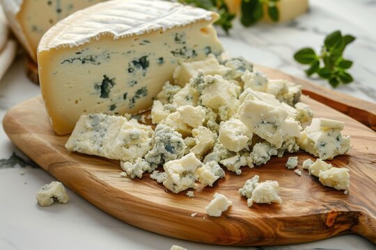 Close-up of blue cheese on a wooden cutting board with crumbled pieces, perfect for culinary and gourmet food themes.
