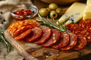 Close-up of sliced spicy salami on a wooden board with cheese, olives, and herbs, perfect for a gourmet appetizer or charcuterie platter.