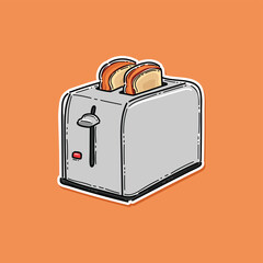 Toaster breakfast. Toaster with hot toasts. Two bread pieces, slices, morning food in electric appliance, kitchen tool. Domestic heat equipment, device. Pop up toaster vector illustration. Fresh