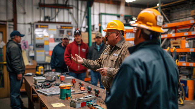 Workers participating in an industrial training session inside a workshop, focusing on practical skills and safety measures.