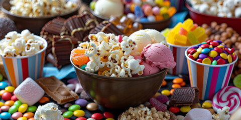 variety of snacks including popcorn, candy and ice cream in bowls, generative AI