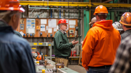 Workers engaged in workplace safety training in an industrial setting, emphasizing safety protocols and effective communication.