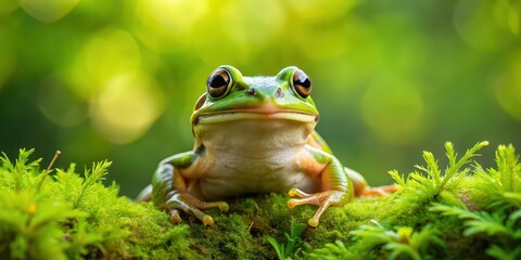 Obraz premium Gliding frog with a big smile perched on green moss , gliding frog, laughing, moss, green, nature, wildlife, amphibian, tropical