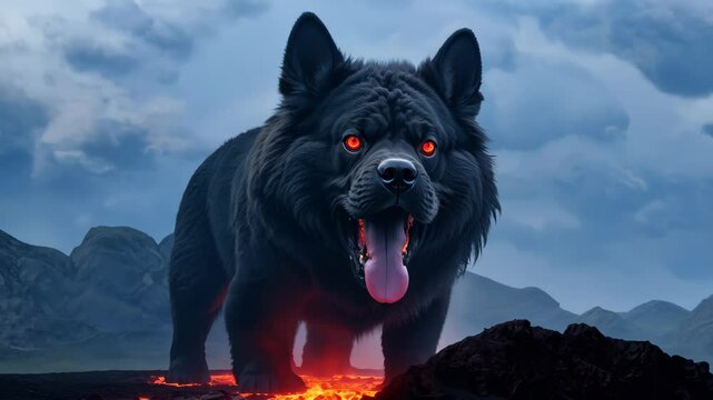 Massive wolf-like creature emerges from volcanic terrain. Glowing red eyes pierce mist, lava flows beneath paws. Otherworldly energy ripples through dark fur. 