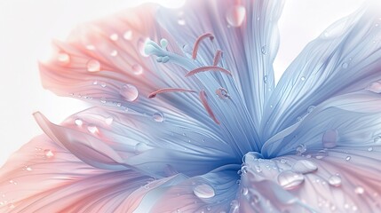Obraz premium Abstract floral image blue pink hues. Water drops petals enhance delicate beauty. Decorative soothing visual.