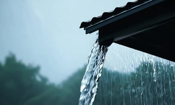 Close up of water falling down to gutter from the roof during heavy rain storm, slow motion footage clip