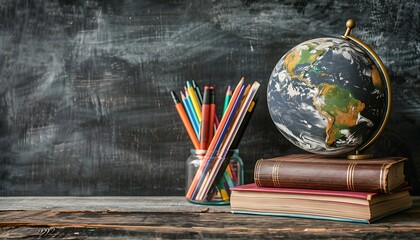 Back to School Concept with copy space. Earth Globe, Books, Notebooks, Colorful Stationery. Education and School Supplies. Blackboard Chalkboard Background for Learning. Stack of Books and Essentials