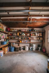 An empty garage with shelves stacked with paint cans and DIY supplies, Generative AI 