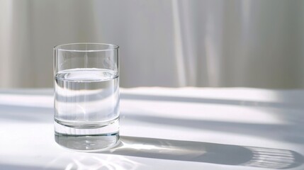Glass of clear water on a white table with soft sunlight and shadow, creating a serene and refreshing atmosphere.