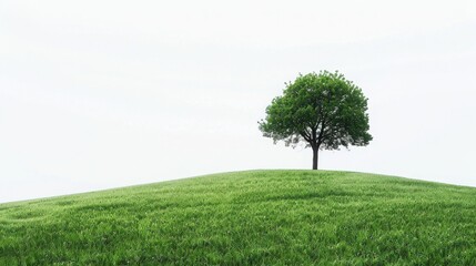 Lone tree on a grassy hill under a cloudy sky, capturing serene landscape and simplicity of nature -- perfect for backgrounds and nature themes.