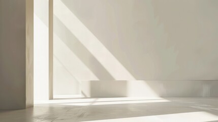 Minimalist interior with natural sunlight casting shadows on smooth white walls, conveying a serene and calm atmosphere in an empty space.
