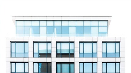 Obraz premium Modern office building with large glass windows, minimalistic white facade, and clear blue skies. Ideal for business or real estate concepts.