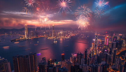 Obraz premium A stunning display of fireworks over a city and harbor at dusk