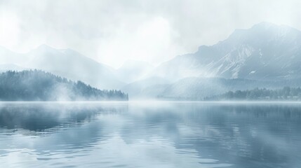 Fototapeta premium Serene mountain landscape with fog over a calm lake, creating a tranquil and peaceful atmosphere in nature.