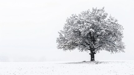 Fototapeta premium Solitary tree covered in snow in a serene winter landscape, with a blank white field stretching into the misty distance.