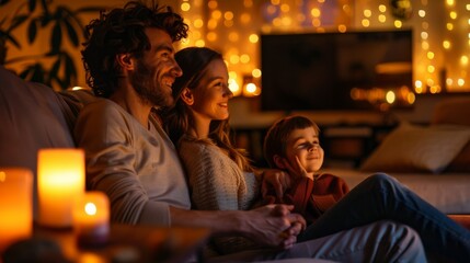 Obraz premium Family Cozying Up On Couch With Warm Lights and Candles.