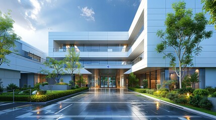 modern hospital style building with blue cross