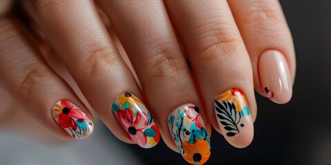 Close-up of a hand with perfectly manicured nails, showcasing intricate nail art and the latest beauty trends