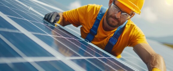 Solar panel installer adjusting equipment, clear white background, natural lighting, copy space