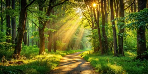 Naklejka premium Tranquil forest path surrounded by lush greenery and sunlight filtering through the trees, nature, woods, trees, walking