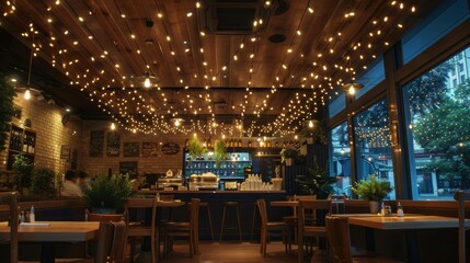 Fototapeta premium A modern restaurant with decorative LED rope lights strung across the ceiling creating a unique and inviting ambiance.