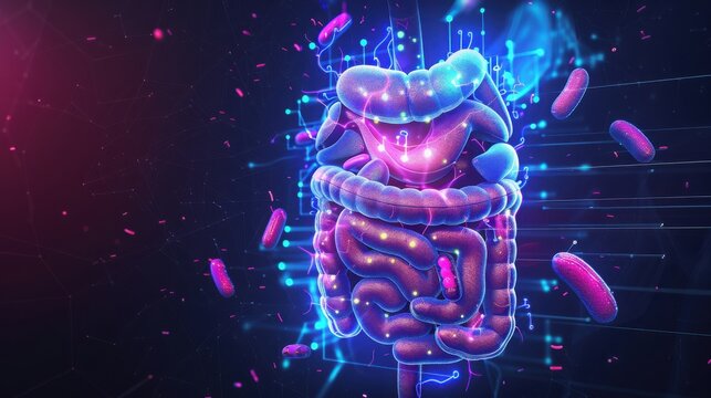 ing of the human digestive system with glowing effects showcasing the intestines. Medical illustration highlighting gastrointestinal health.