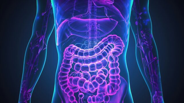 ing of human digestive system with glowing intestines and transparent body, highlighting the gastrointestinal tract and anatomy.