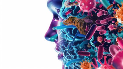 Abstract human profile depicted with colorful microbes and bacteria, illustrating the concept of microbiome and human health.