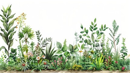 Obraz premium Botanical illustration of diverse plants and flowers against a white background, perfect for nature-themed projects and designs.