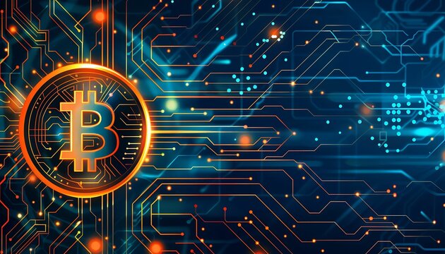 Close up of Bitcoin logo on top of circuit board. Insights and analysis cryptocurrency