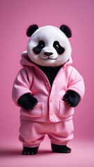 AI generated image of a panda on pink background