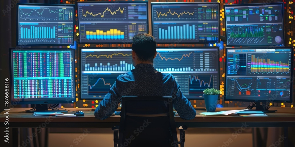 Aufkleber A professional analyzing financial data on multiple monitors, surrounded by reports and notes, capturing the intensity of financial analysis