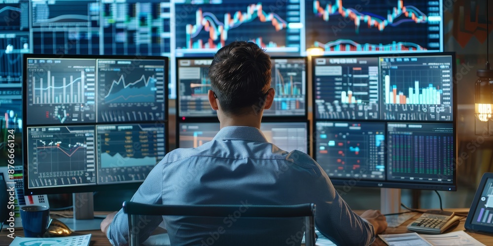 Aufkleber A professional analyzing financial data on multiple monitors, surrounded by reports and notes, capturing the intensity of financial analysis
