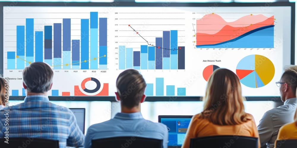 Poster A business presentation with an executive explaining financial trends to a group, using a projector and charts, showcasing strategic financial communication