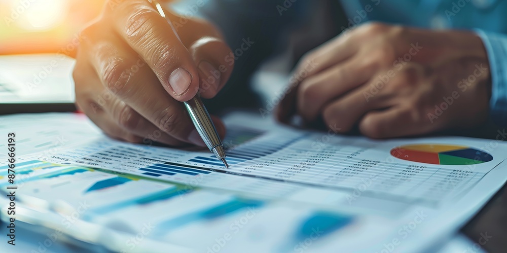 Poster a close-up of a financial report with graphs and charts, and a businessman's hand making notes, illu
