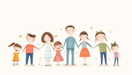 A cheerful illustration of a large family holding hands creating a joyful and playful visual perfect for family and children themes