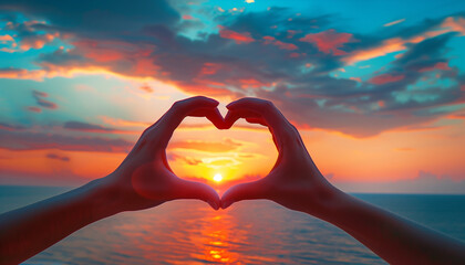 Hands forming a heart shape with a sunset in the background creating a romantic and serene visual perfect for love and nature themes
