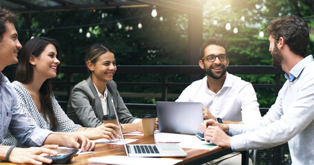 Laptop, teamwork and business people in outdoor cafe for digital report, brainstorming and strategy...