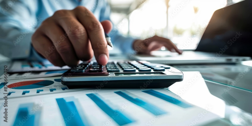 Aufkleber a close-up of a hand using a calculator, with a stack of financial reports and a laptop in the backg
