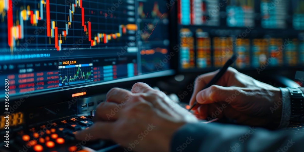 Poster a close-up of a stock market ticker on a computer screen, with a businessman's hand taking notes, re