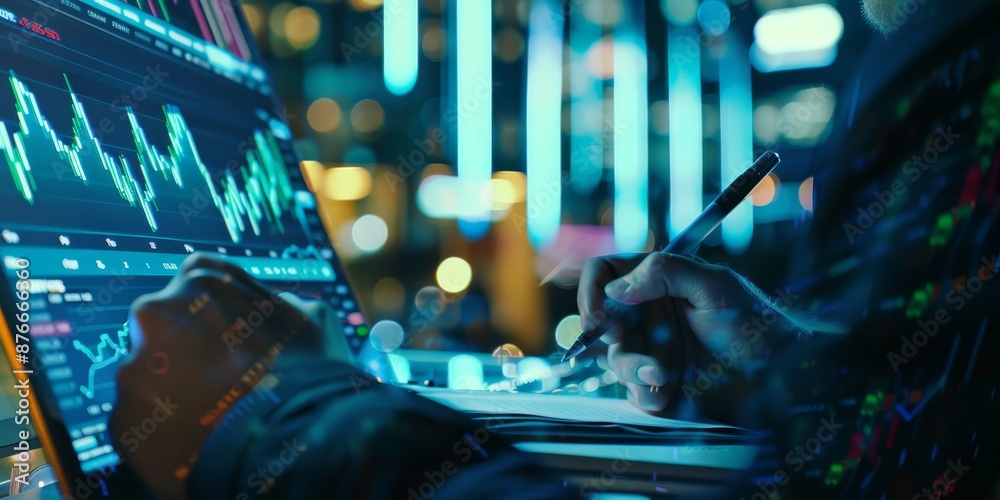 Poster a close-up of a stock market ticker on a computer screen, with a businessman's hand taking notes, re
