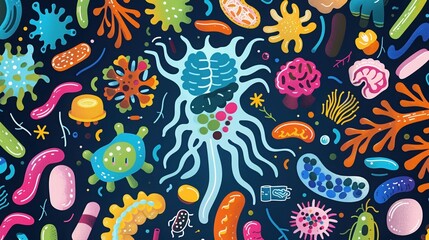 Colorful and detailed illustration of various microscopic organisms, bacteria, and viruses on a dark background.