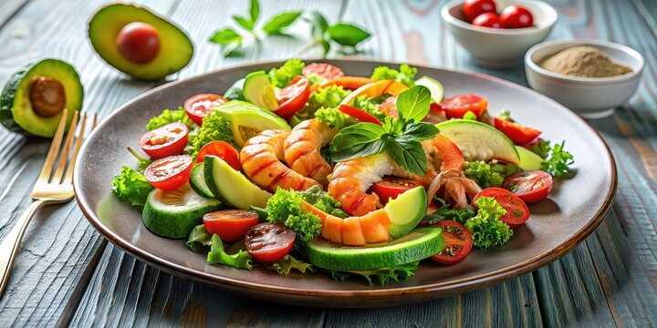 Salad plate with avocado, concasse tomatoes, and crayfish tails on the table , food, salad, healthy, fresh, avocado, tomatoes