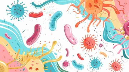 Colorful microbiological illustration of bacteria and viruses, showcasing various shapes and structures in a vibrant artistic style.