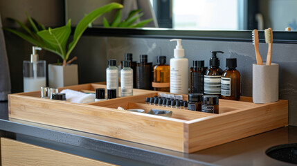 Neatly organized bathroom counter featuring various toiletries in a wooden tray, promoting a clean and stylish aesthetic.